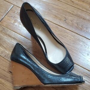 Prada Black and Tan Wedge Peep-Toe Shoes